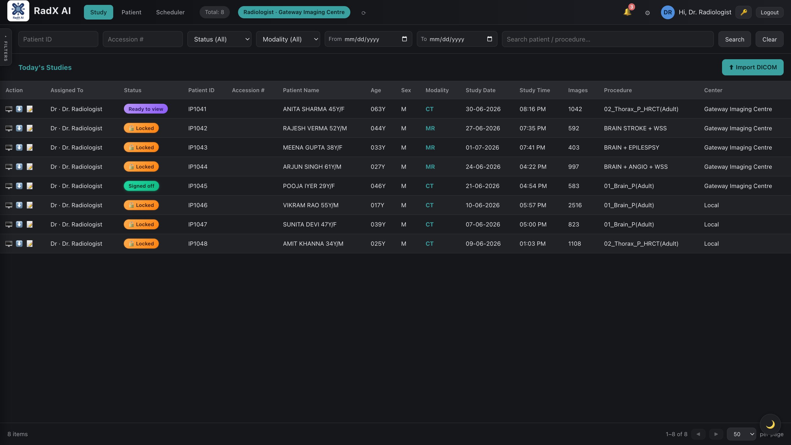 RadX AI worklist with live study statuses